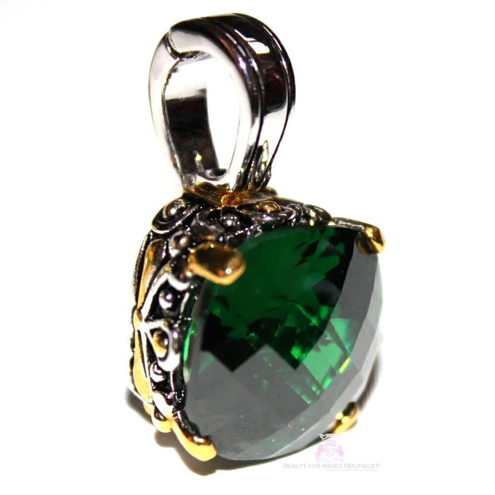 Multi Faceted Throne Room Emerald Green Checker Cushion Cut Two Tone CZ Pendant